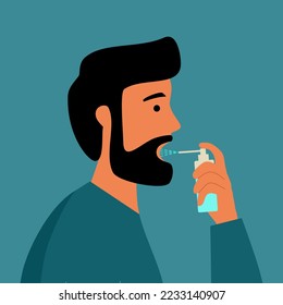 Man using mouth spray for fresh breathing or sore throat infection treatment in flat design.