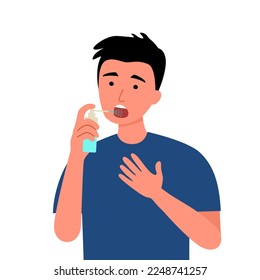 Man using mouth spray for fresh breathing or sore throat infection treatment in flat design on white background.