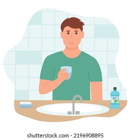  Man using mouthwash for fresh breath and plaque prevention. Rinsing ,gargling mouth. Daily oral hygiene routine. Vector illustration isolated on white background