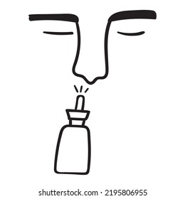 Man using nasal spray. Outline vector illustration on white background.