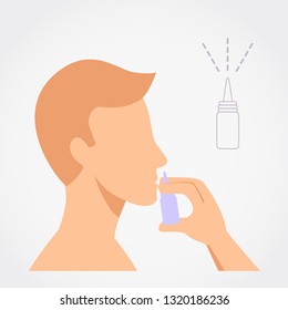 Man using nasal spray simple flat vector illustration on grey background.