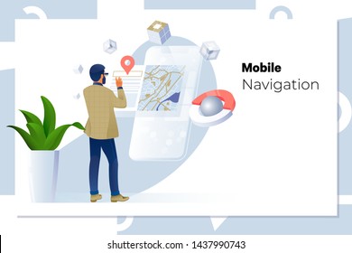 Man using navigation app on the mobile phone.business, technology, navigation, location and people concept.Vector illustration