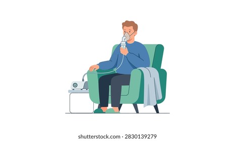 Man using a nebulizer machine for respiratory treatment while sitting in an armchair flat vector illustration
