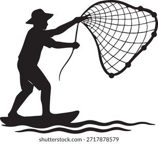 Man mit Netz Silhouette repräsentieren Fischerei oder traditionelle ländliche Arbeit.