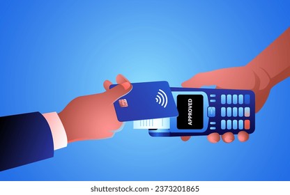 Man using NFC technology from his card to make a payment. Represents the convenience and efficiency of digital payment methods, conveying the ease and speed of cashless transactions