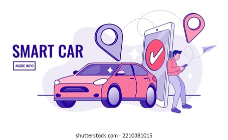 Man using online app for taxi order. rent and sharing using service mobile application. Man searching cab on city map. car and urban landscape background. Vector illustration.