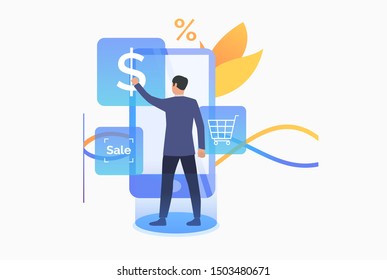 Man using online cash terminal. Purchase checkout, isometric, atm. Online cashier concept. Vector illustration for website, landing page, online store