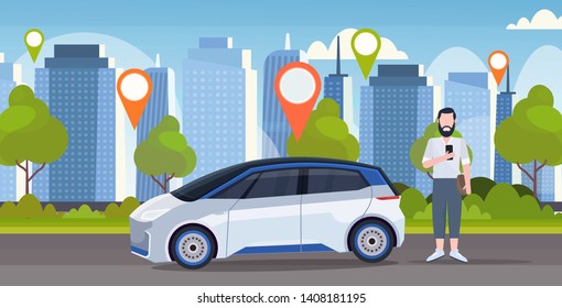 man using online ordering taxi car sharing concept mobile transportation carsharing service location geo tag modern city street cityscape background horizontal