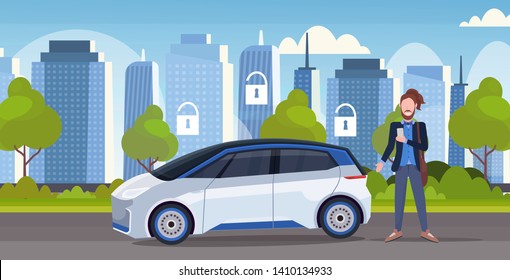 man using online ordering taxi car sharing security protection concept mobile transportation carsharing service modern city street cityscape background horizontal