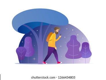 Man using online services in phone. Hipster looking at mobile phone apps. Modern style vector illustration for landing page, website, banners and presentation.