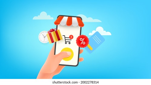 Man using online shop via modern smartphone. Horizontal banner 
