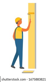 Man using paint roller to change color of wall vector, paint in container flat style character. Male wearing uniform and helmet, workman with tool