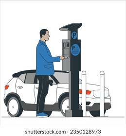 A Man using parking pay station terminal. Man paying his street paid parking time. man take street parking ticket when entering the paid parking lot by car. machine in the city street. 2331