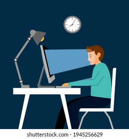 Man Using Pc Computer At Night In Flat Design. Guy Working Late In Dark Room. Blue Light From Monitor Screen Reflecting Eyes.