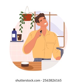 Man using perfume for fresh scent. Vector cartoon male using perfumery essence or cologne bottle, fragrant or aroma spray for body skin. Deodorant hygiene and skincare. Aromatherapy aerosol or sprayer