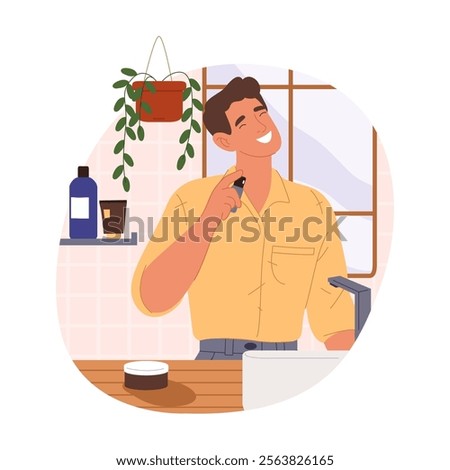 Man using perfume for fresh scent. Vector cartoon male using perfumery essence or cologne bottle, fragrant or aroma spray for body skin. Deodorant hygiene and skincare. Aromatherapy aerosol or sprayer