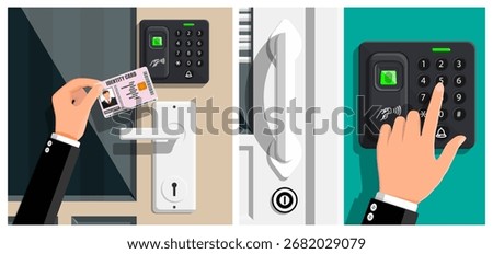 Man using personal identity card and fingerprint scanner for access control. Security door access system element.