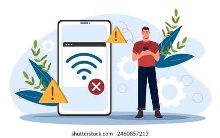 Un hombre usando un teléfono al lado de un teléfono inteligente gigante con íconos de error, Ilustración vectorial plana sobre un fondo claro, concepto de problemas de conectividad