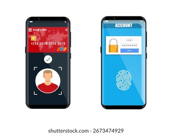 Man using phone for online payment and secure access. Mobile banking application with face recognition and fingerprint unlock.