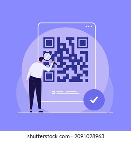 Man using phone with QR sign. Users scanning QR-code for account sign in, payment online. Concept of QR code, cash register receipt, e-payment, qr verification. Flat vector illustration for UI, app