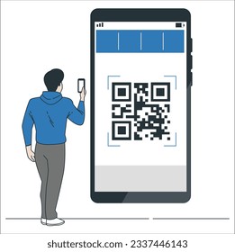 Man using phone with QR sign. Users scanning QR-code for account sign in, payment online. Concept of QR code, cash register receipt, e-payment, qr verification.  QR code verification. barcode 2132