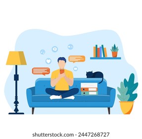 man using phone, sitting legs crossed on chair at home. man running remotely on freelance, job on smartphone, communicates through social networks. Vector illustration in flat style