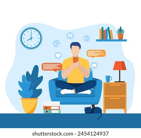 man using phone, sitting legs crossed on chair at home. man running remotely on freelance, job on smartphone, communicates through social networks. Vector illustration in flat style