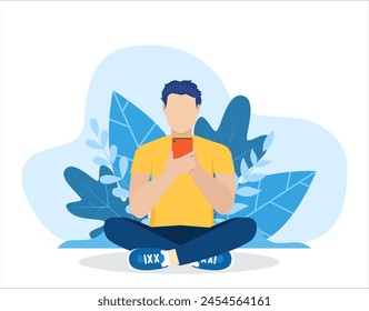 man using phone, sitting legs crossed. man running remotely on freelance, job on smartphone, communicates through social networks. Vector illustration in flat style