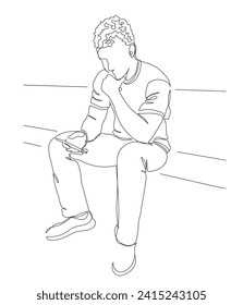 Man using phone. Sitting on bench supporting head with hand. Focused on phone screen. Continuous line drawing. Black and white vector in line art style.