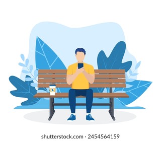 man using phone sitting on the bench in nature with crossed legs. Freelance or studying concept. web page design template for online education, training. Vector illustration in flat style