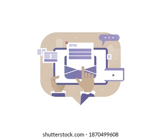 Man using phone or tablet for online mail. Vector illustration with Web communication idea for telework, remote working, social media, business, finance, and start up

