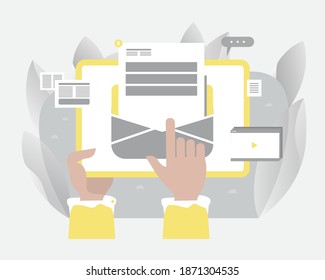 Man using phone or tablet for online mail. Vector illustration with Web communication idea for telework, remote working, social media, business, finance, and start up
