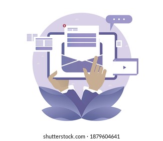 Man using phone or tablet for online mail. Vector illustration with Web communication idea for telework, remote working, social media, business, finance, and start up
