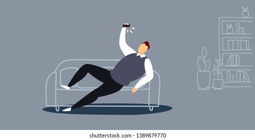 man using phone taking selfie on smartphone camera casual guy lying on couch modern living room interior social media networks communication concept sketch doodle horizontal