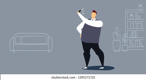 man using phone taking selfie on smartphone camera casual guy standing in modern living room interior social media networks communication concept sketch doodle horizontal