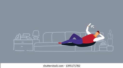 man using phone taking selfie on smartphone camera casual guy lying on couch modern living room interior social media networks communication concept sketch doodle horizontal