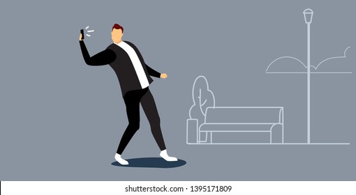 man using phone taking selfie on smartphone camera casual guy walking outdoor urban city park social media network communication concept sketch doodle horizontal