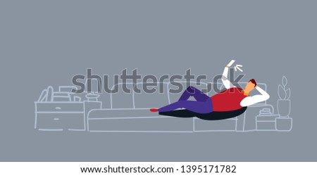 man using phone taking selfie on smartphone camera casual guy lying on couch modern living room interior social media networks communication concept sketch doodle horizontal