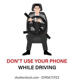 A Man Using Phone Texting Message While Driving a Car. Do Not Use Phone While Driving. Careless and Dangerous Driving Behavior. Vector Illustration. 