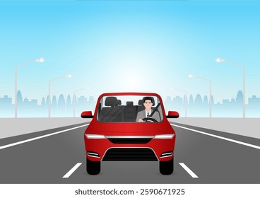 A Man Using Phone Texting Message While Driving a Car. Do Not Use Phone While Driving. Careless and Dangerous Driving Behavior. Vector Illustration. 