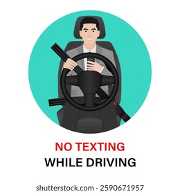 A Man Using Phone Texting Message While Driving a Car. Do Not Use Phone While Driving. Careless and Dangerous Driving Behavior. Vector Illustration. 