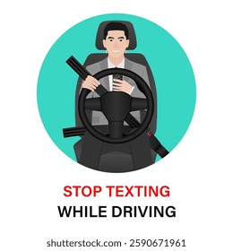 A Man Using Phone Texting Message While Driving a Car. Do Not Use Phone While Driving. Careless and Dangerous Driving Behavior. Vector Illustration. 