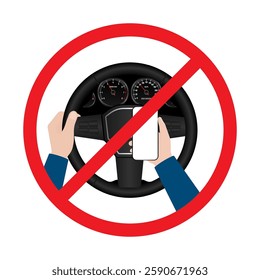 A Man Using Phone Texting Message While Driving a Car. Do Not Use Phone While Driving. Careless and Dangerous Driving Behavior. Vector Illustration. 