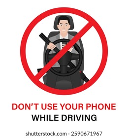 A Man Using Phone Texting Message While Driving a Car. Do Not Use Phone While Driving. Careless and Dangerous Driving Behavior. Vector Illustration. 