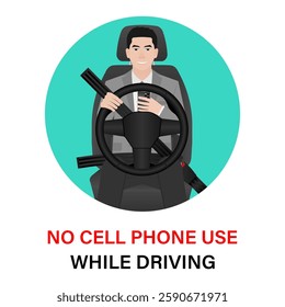 A Man Using Phone Texting Message While Driving a Car. Do Not Use Phone While Driving. Careless and Dangerous Driving Behavior. Vector Illustration. 