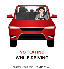 A Man Using Phone Texting Message While Driving a Car. Do Not Use Phone While Driving. Careless and Dangerous Driving Behavior. Vector Illustration. 