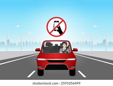 A Man Using Phone Texting Message While Driving a Car. Do Not Use Phone While Driving. Careless and Dangerous Driving Behavior. Vector Illustration. 