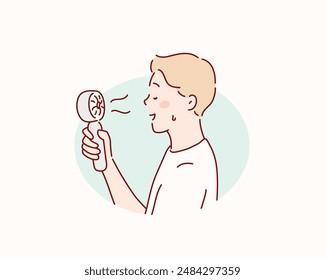 man using portable fan in summer season. Hand drawn style vector design illustrations.