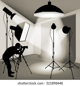 Man using professional camera in the photo studio. Vector illustration