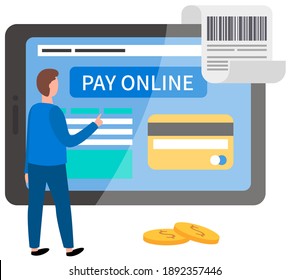 Man is using program for online remote payment of purchases on tablet via the Internet. Businessman presses button pay online on the screen. Online platform landing page template vector illustration